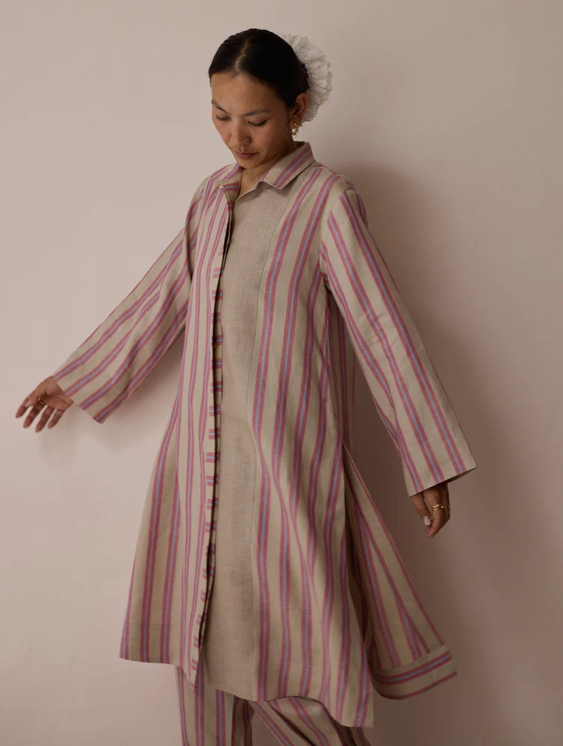 Joana Patchwork Stripe Linen Kurta Sets-Natural linen light kurta set by Manan in off white for women Worldwide
