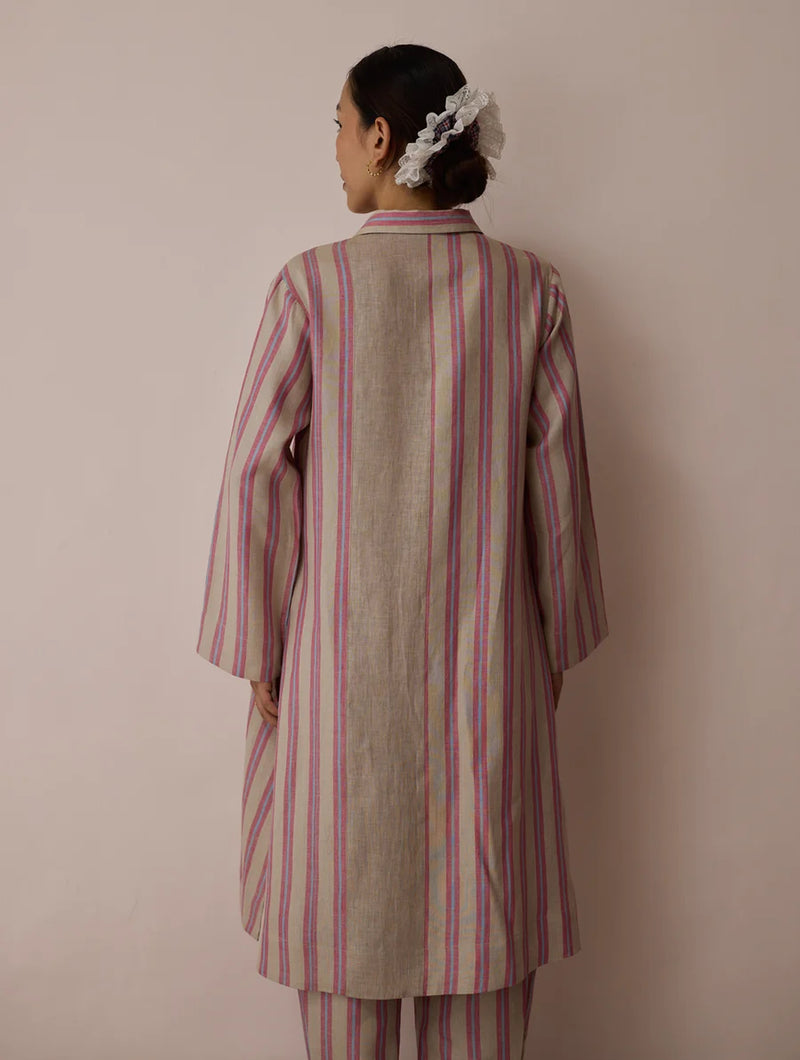 Joana Patchwork Stripe Linen Kurta Sets-Natural linen light kurta set by Manan in off white for women Worldwide