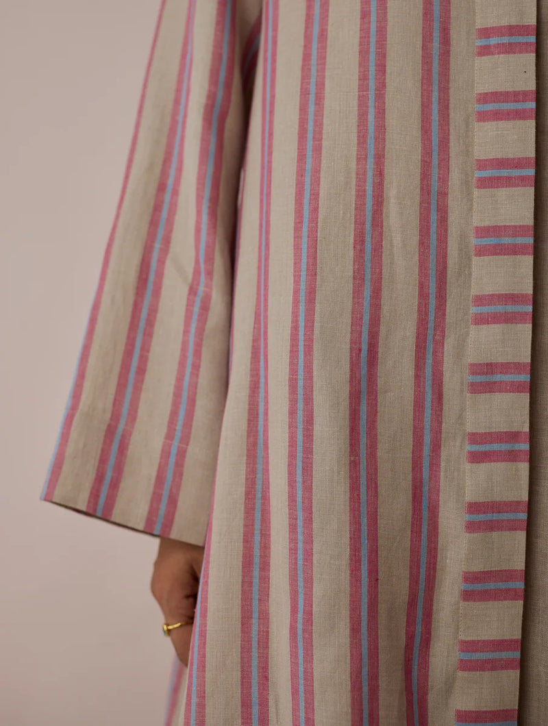 Joana Patchwork Stripe Linen Shirt Kurta-Natural linen tunics/kaftan by Manan in off white for women Worldwide