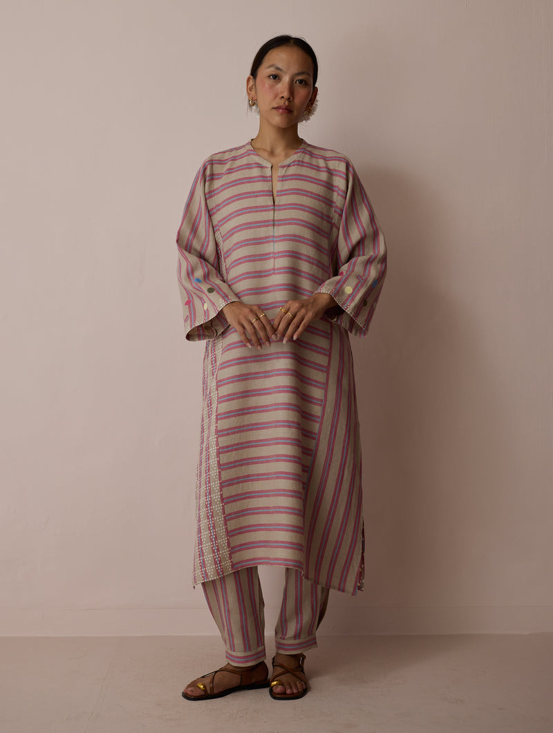 Parvee Block-Printed Linen Kurta Set-Natural linen light kurta set by Manan in ivory for women Worldwide
