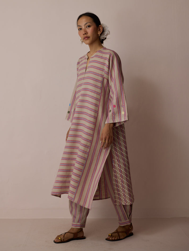 Parvee Block-Printed Linen Kurta Set-Natural linen light kurta set by Manan in ivory for women Worldwide