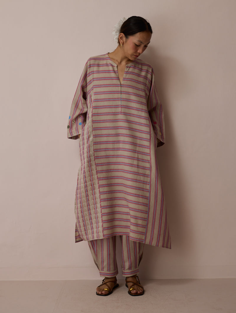 Parvee Block-Printed Linen Kurta Set-Natural linen light kurta set by Manan in ivory for women Worldwide