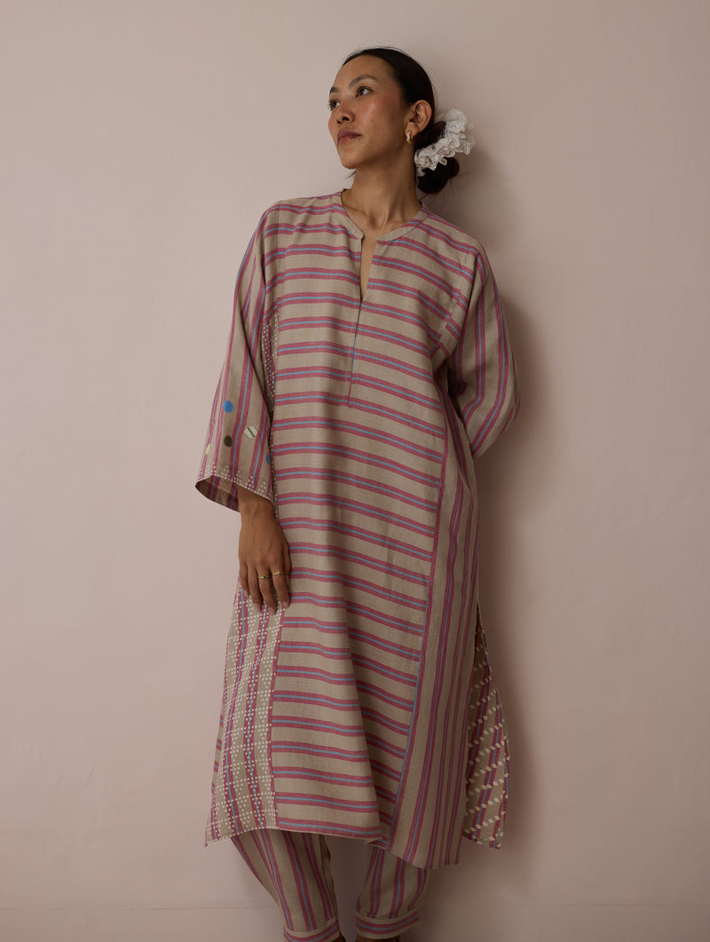 Parvee Block-Printed Linen Angrakha Kurta-Natural linen tunics/kaftan by Manan in ivory for women Worldwide