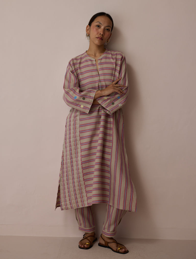 Parvee Block-Printed Linen Kurta Set-Natural linen light kurta set by Manan in ivory for women Worldwide