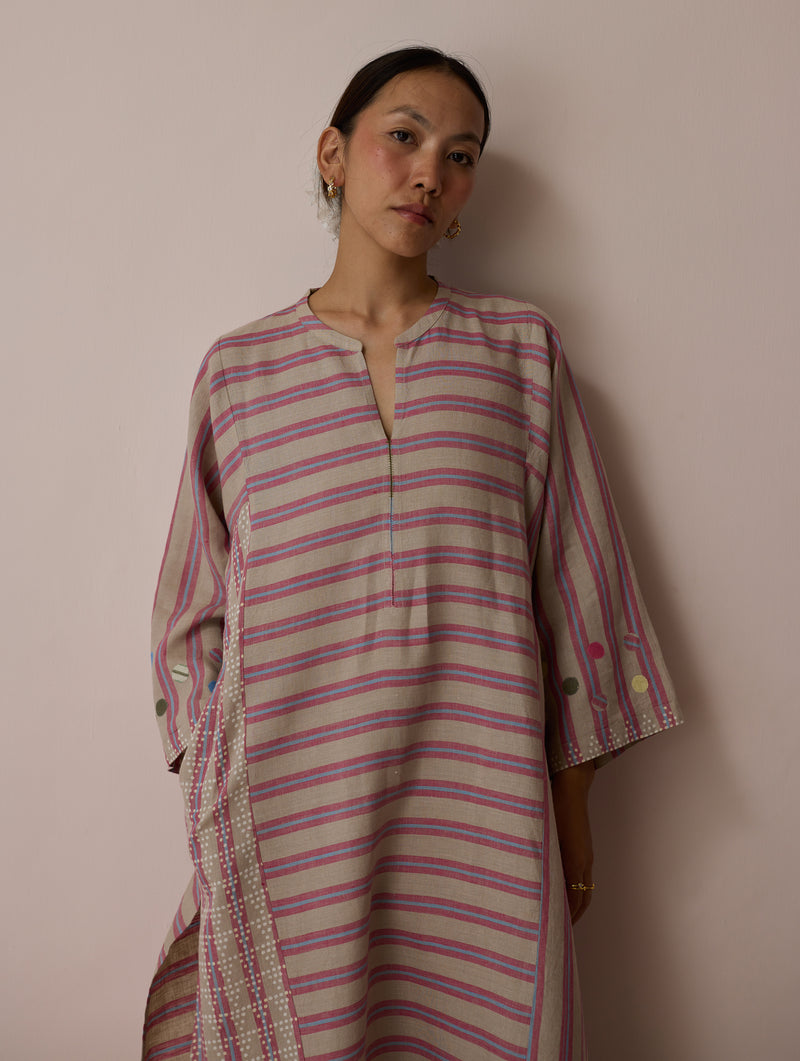 Parvee Block-Printed Linen Kurta Set-Natural linen light kurta set by Manan in ivory for women Worldwide