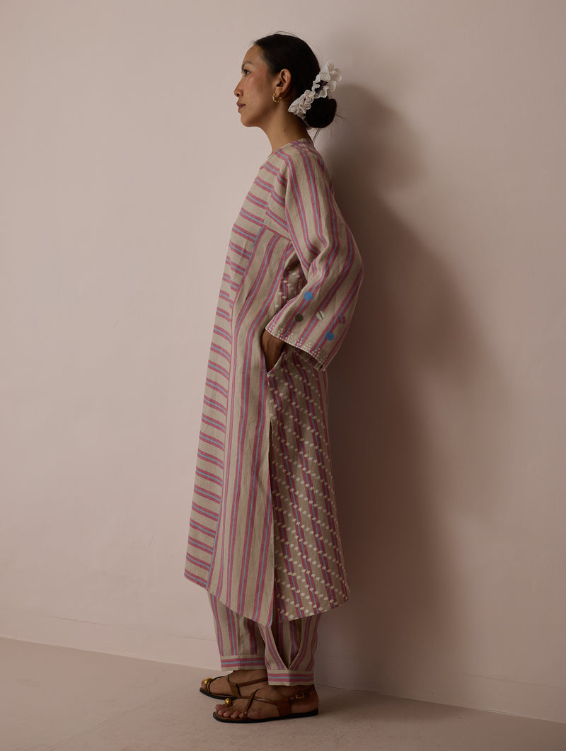 Parvee Block-Printed Linen Kurta Set-Natural linen light kurta set by Manan in ivory for women Worldwide
