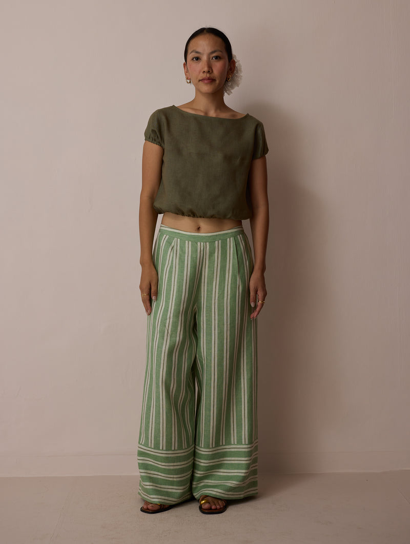 Rimi Linen Co-ord Set-Olive linen co-ord set by Manan in green for women Worldwide