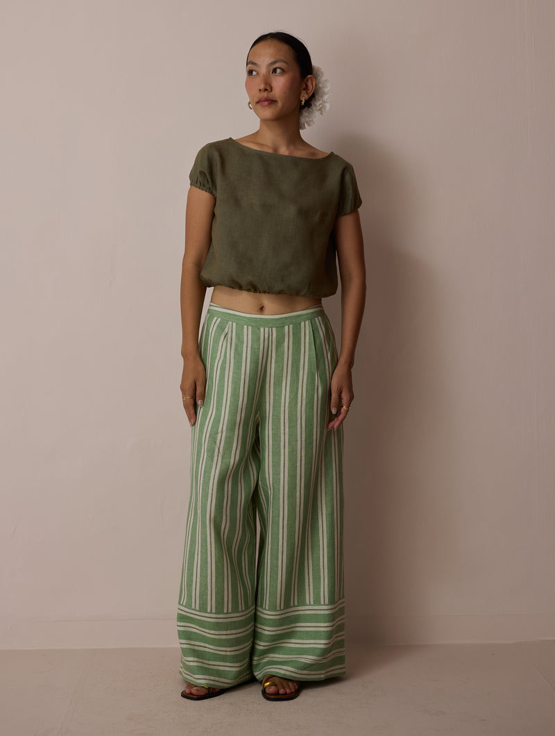 Rimi Linen Co-ord Set-Olive linen co-ord set by Manan in green for women Worldwide