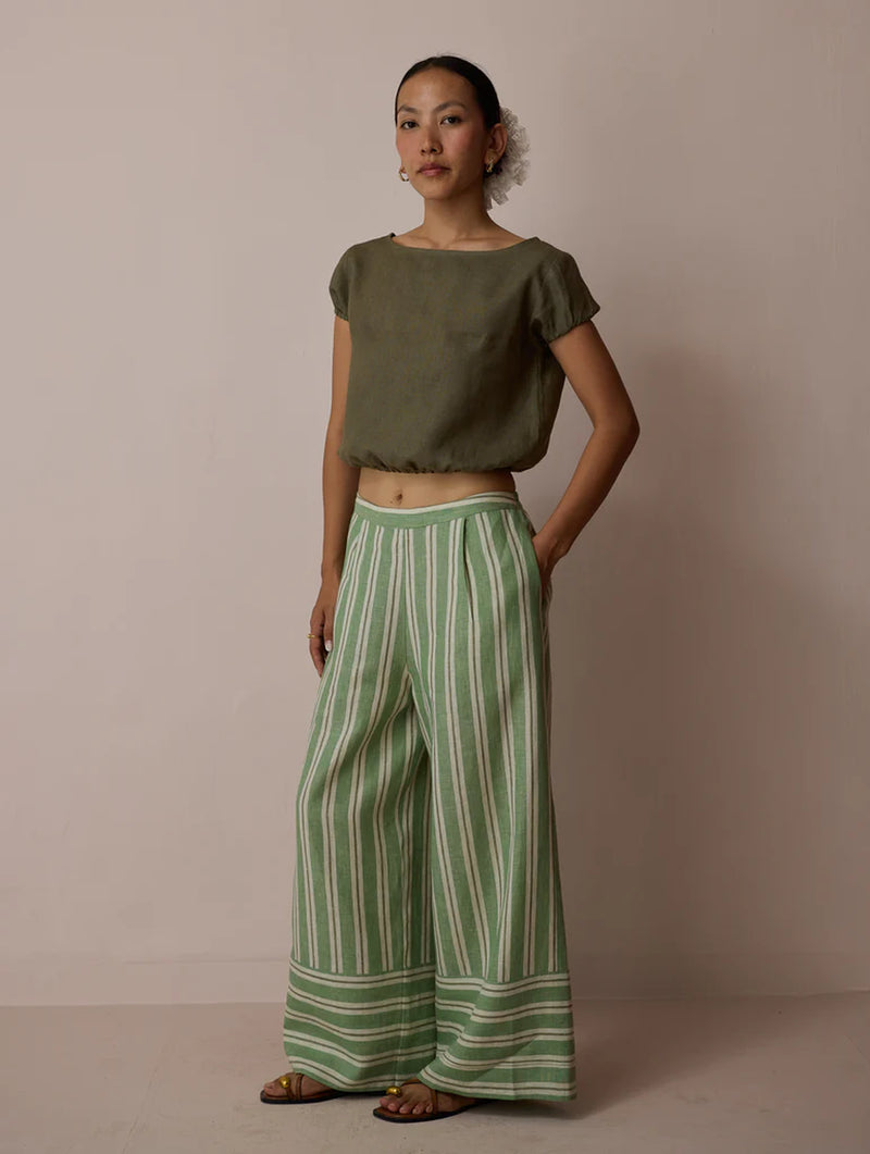 Carmi Wide Leg Stripe Linen Pants-Fern linen pant/trouser by Manan in green for women Worldwide