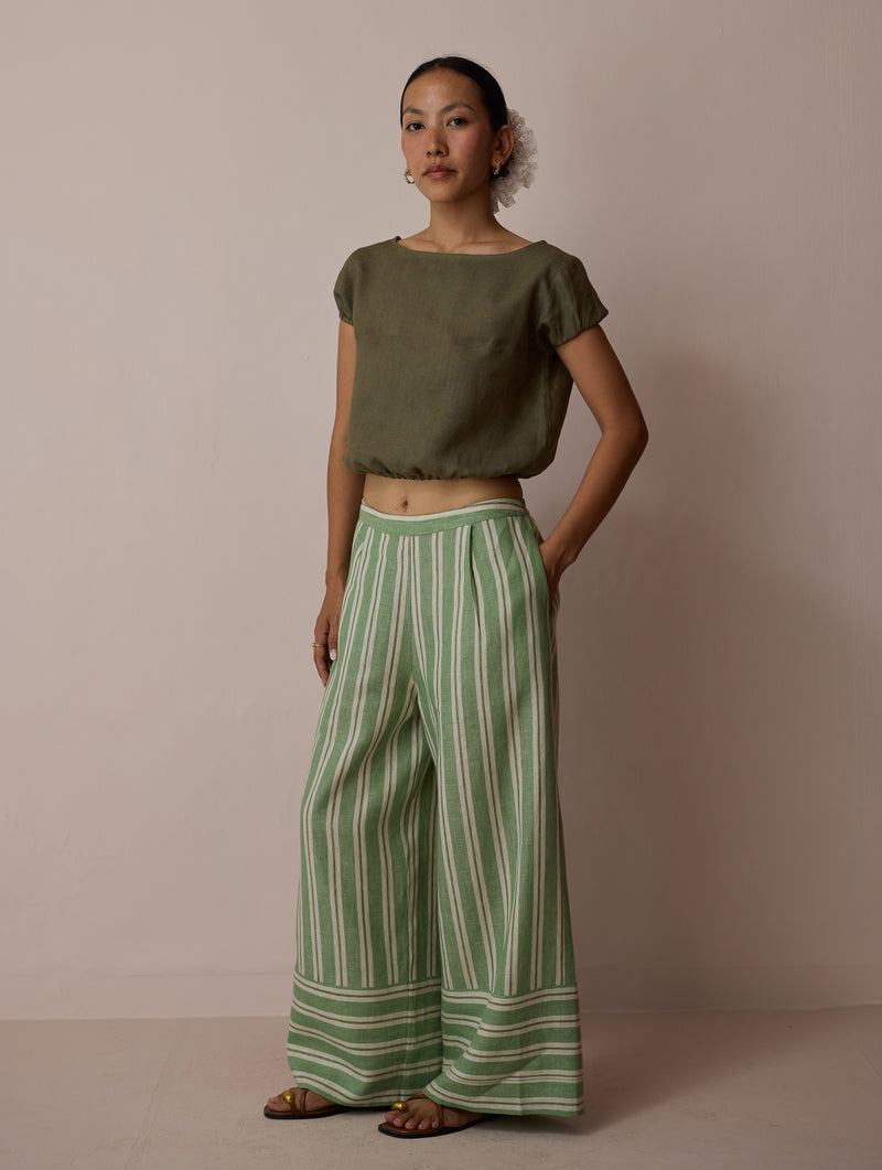 Rimi Linen Co-ord Set-Olive linen co-ord set by Manan in green for women Worldwide