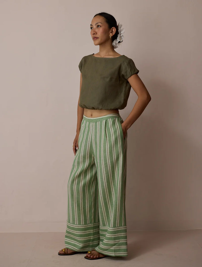 Carmi Wide Leg Stripe Linen Pants-Fern linen pant/trouser by Manan in green for women Worldwide