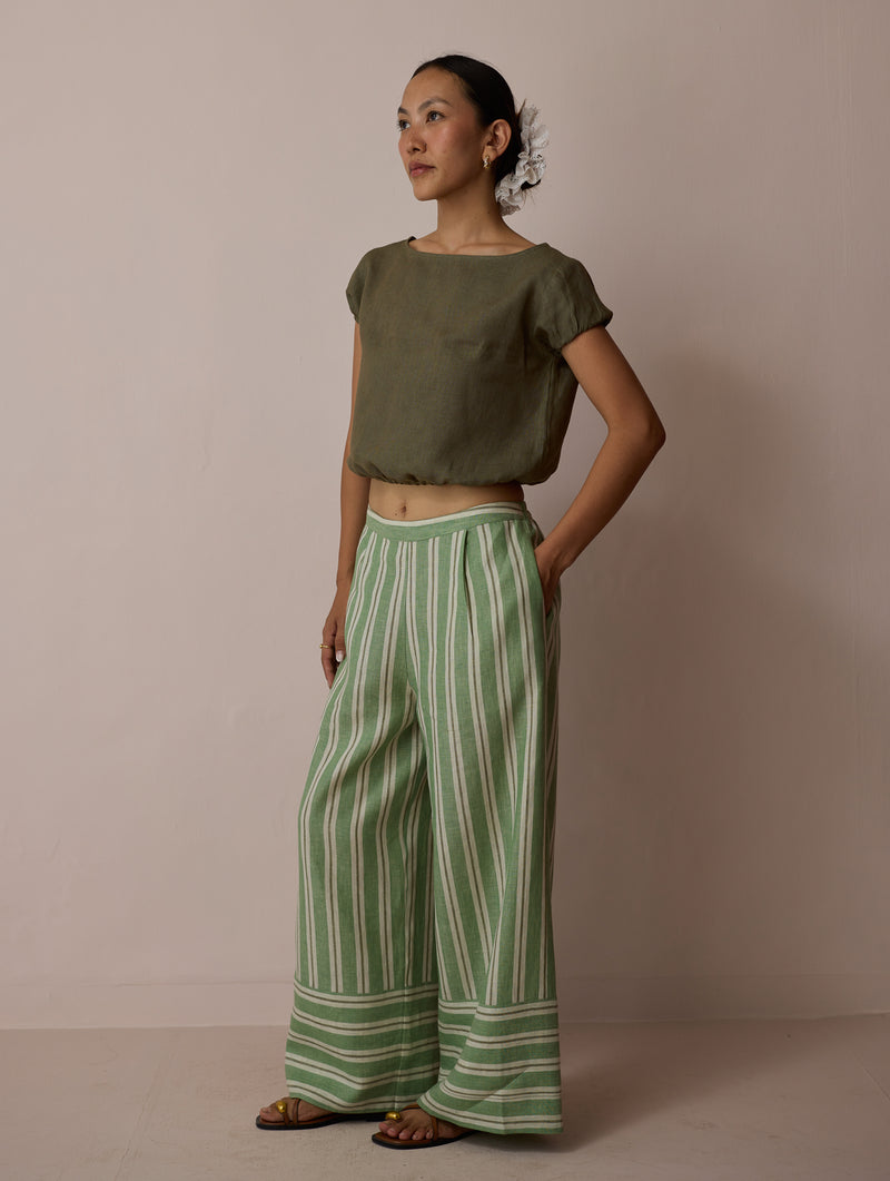 Rimi Linen Crop Top-Olive linen top/shirt by Manan in green for women Worldwide
