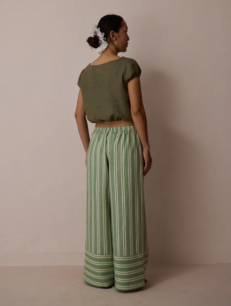 Carmi Wide Leg Stripe Linen Pants-Fern linen pant/trouser by Manan in green for women Worldwide