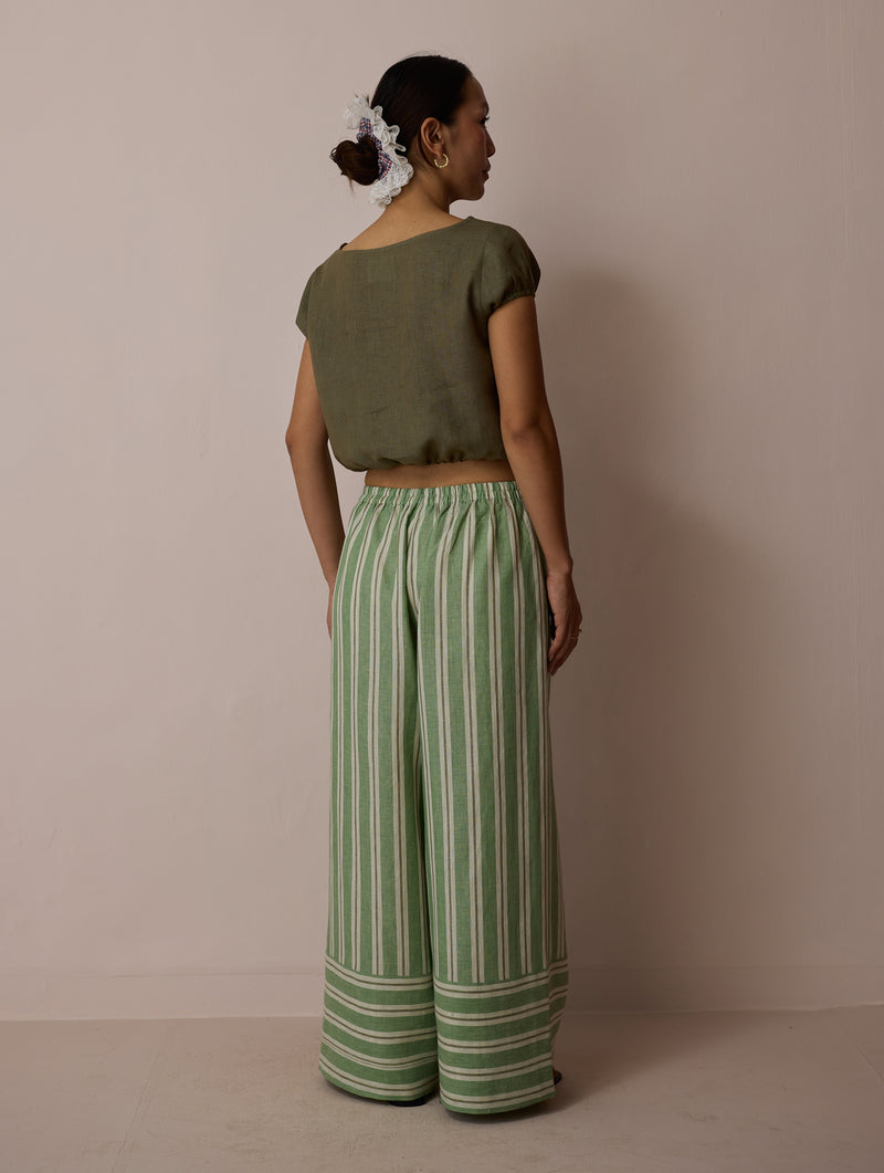 Rimi Linen Co-ord Set-Olive linen co-ord set by Manan in green for women Worldwide