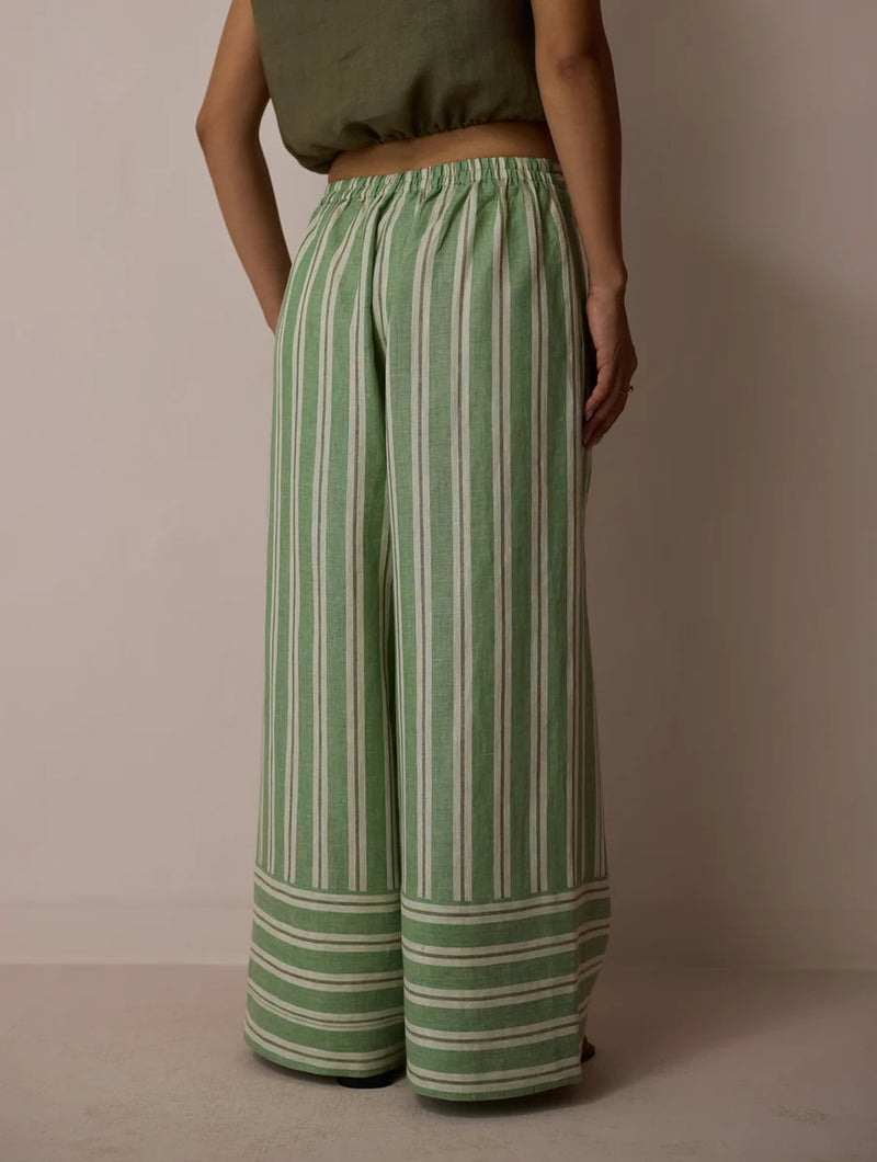 Carmi Wide Leg Stripe Linen Pants-Fern linen pant/trouser by Manan in green for women Worldwide