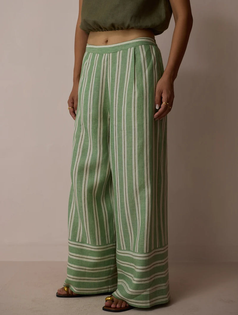 Carmi Wide Leg Stripe Linen Pants-Fern linen pant/trouser by Manan in green for women Worldwide