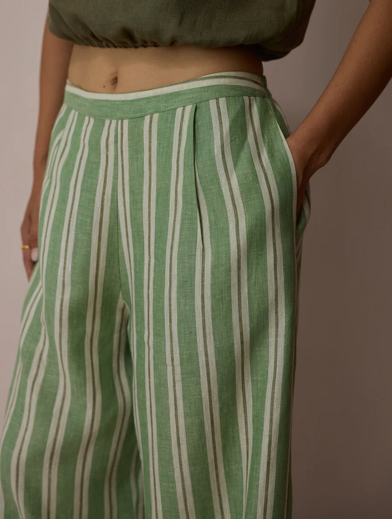 Carmi Wide Leg Stripe Linen Pants-Fern linen pant/trouser by Manan in green for women Worldwide