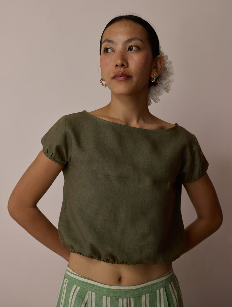 Rimi Linen Crop Top-Olive linen top/shirt by Manan in green for women Worldwide