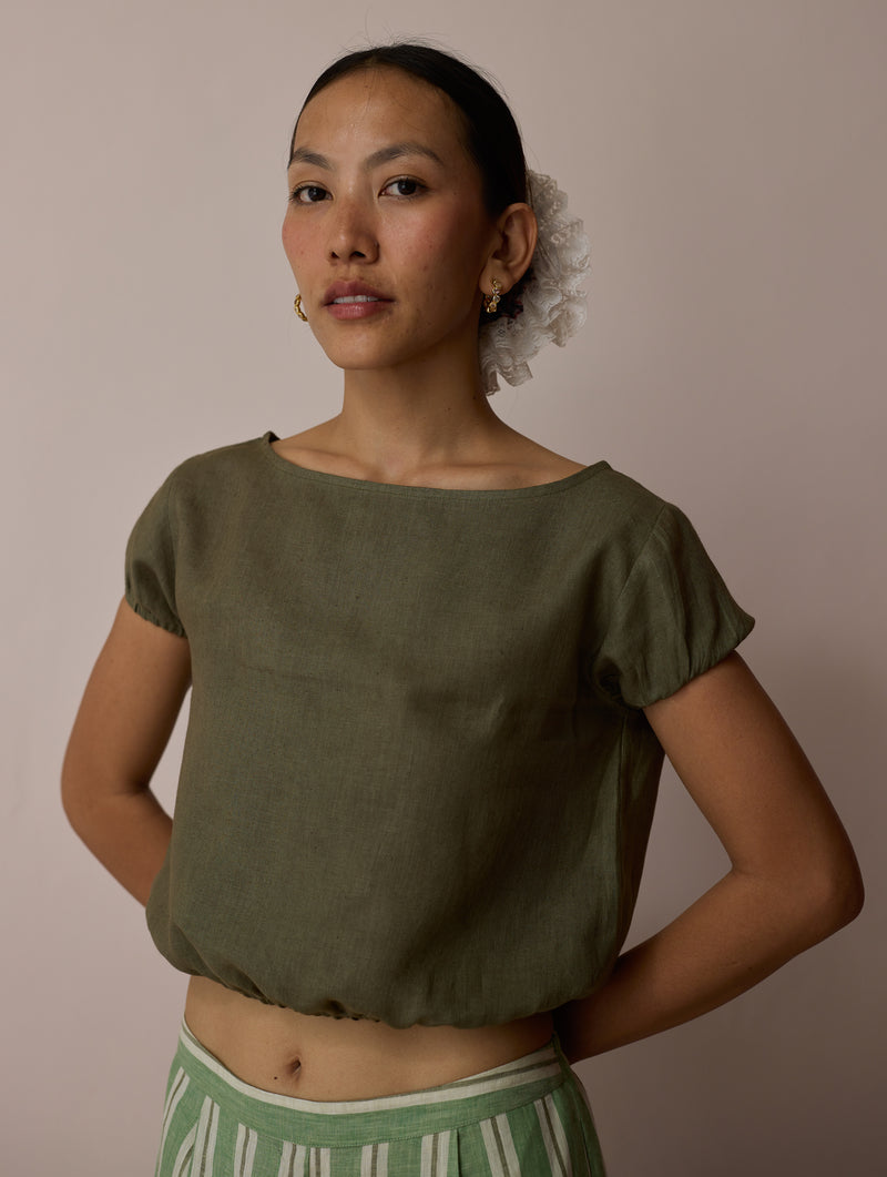Rimi Linen Crop Top-Olive linen top/shirt by Manan in green for women Worldwide