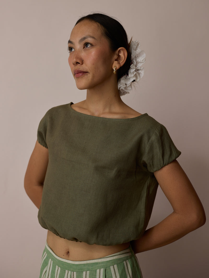 Rimi Linen Crop Top-Olive linen top/shirt by Manan in green for women Worldwide
