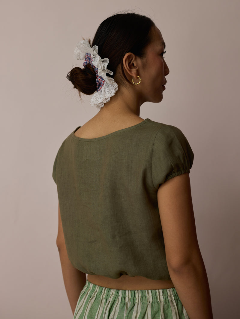 Rimi Linen Crop Top-Olive linen top/shirt by Manan in green for women Worldwide
