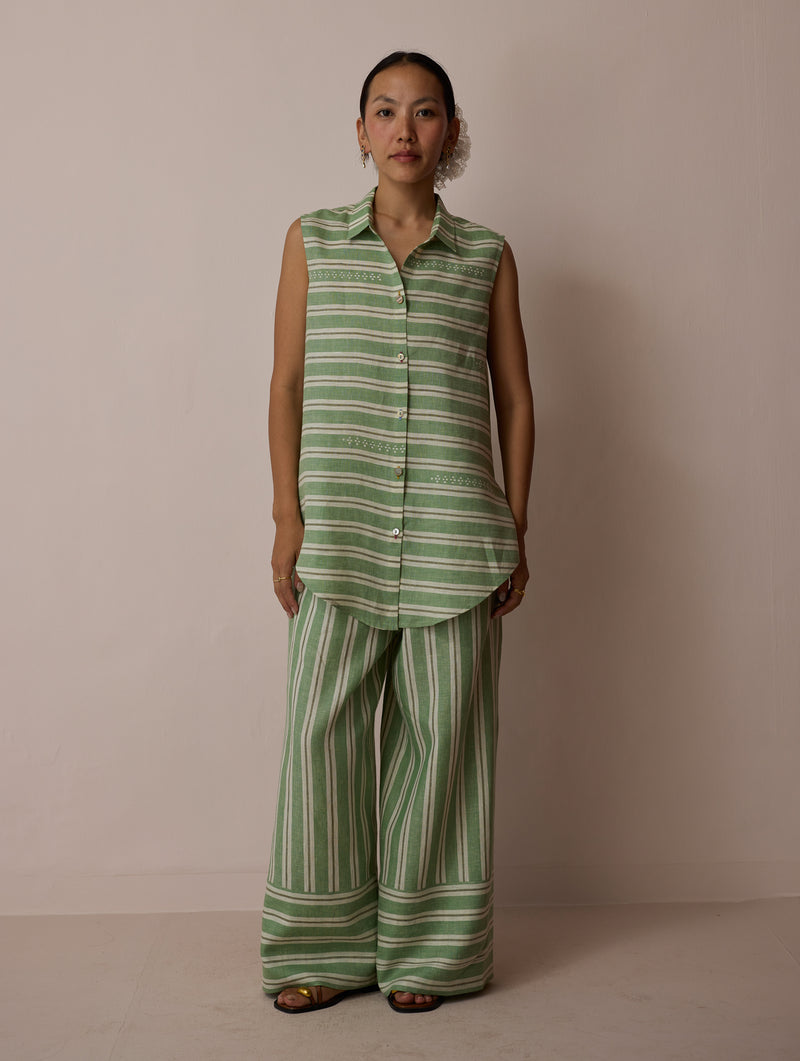 Ello Block-Printed Linen Co-ord-Fern linen co-ord set by Manan in green for women Worldwide