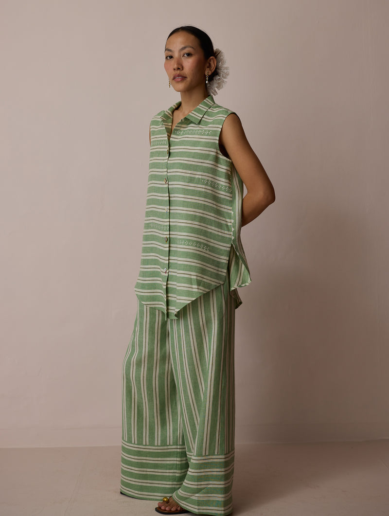 Ello Block-Printed Linen Co-ord-Fern linen co-ord set by Manan in green for women Worldwide