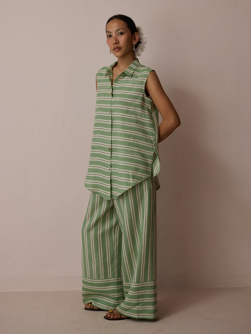 Ello Block-Printed Linen Co-ord-Fern linen co-ord set by Manan in green for women Worldwide