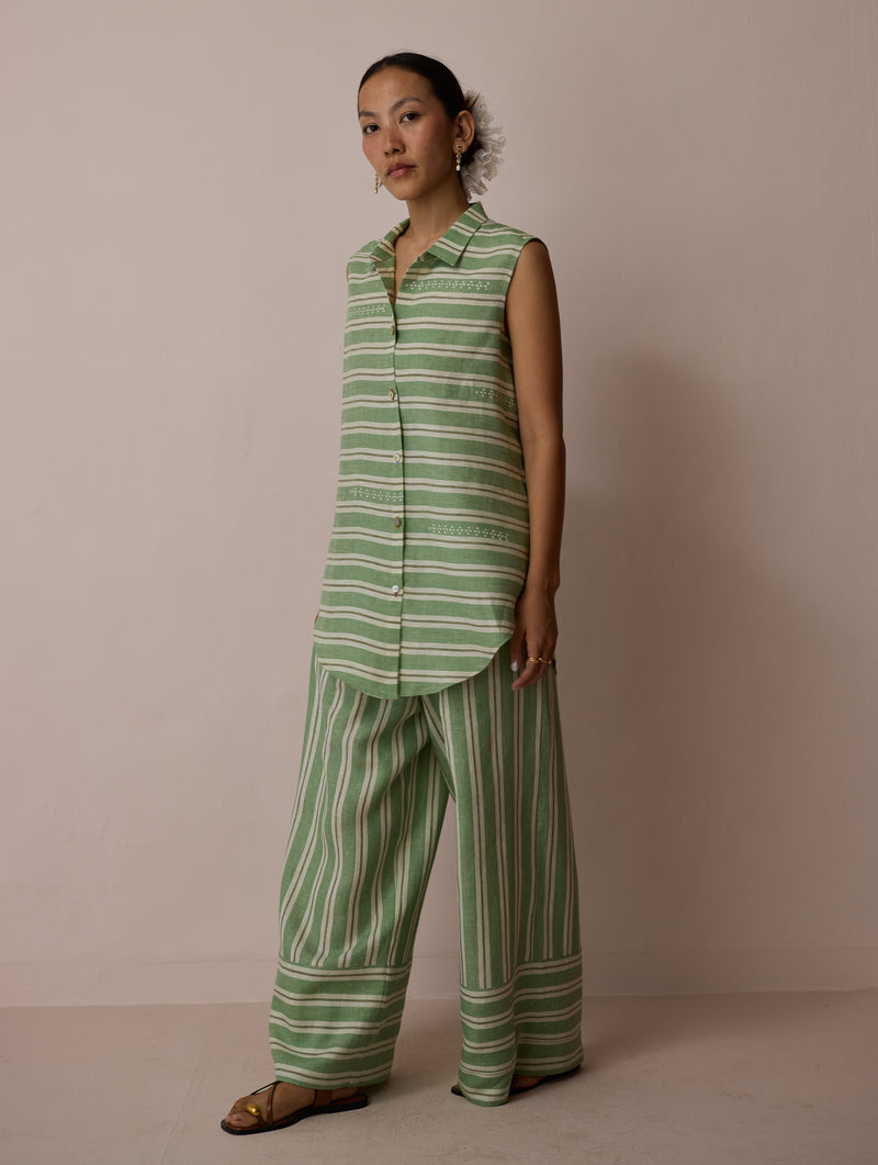 Ello Block-Printed Linen Co-ord-Fern linen co-ord set by Manan in green for women Worldwide