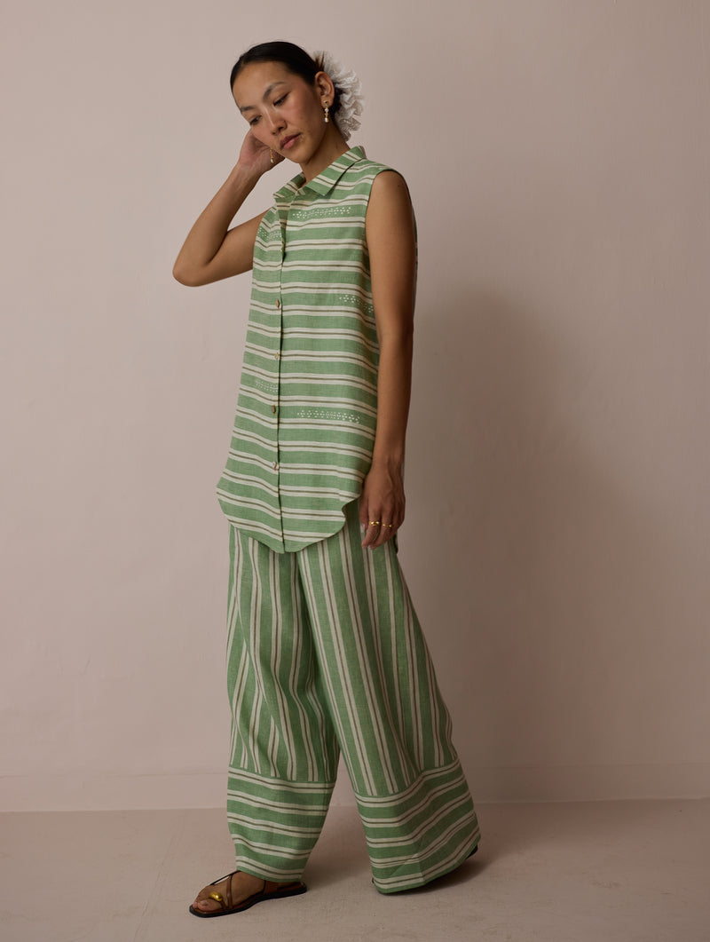 Ello Block-Printed Linen Co-ord-Fern linen co-ord set by Manan in green for women Worldwide