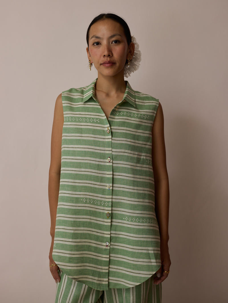 Ello Block-Printed Linen Co-ord-Fern linen co-ord set by Manan in green for women Worldwide