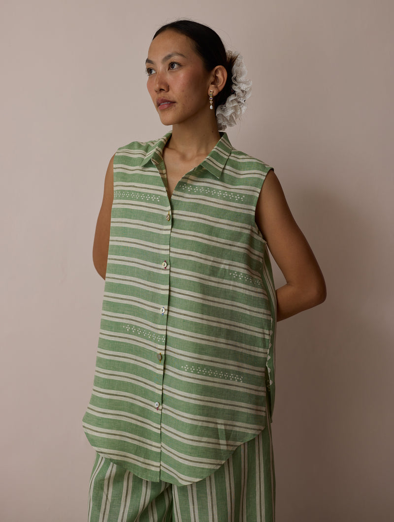 Ello Block-Printed Linen Co-ord-Fern linen co-ord set by Manan in green for women Worldwide