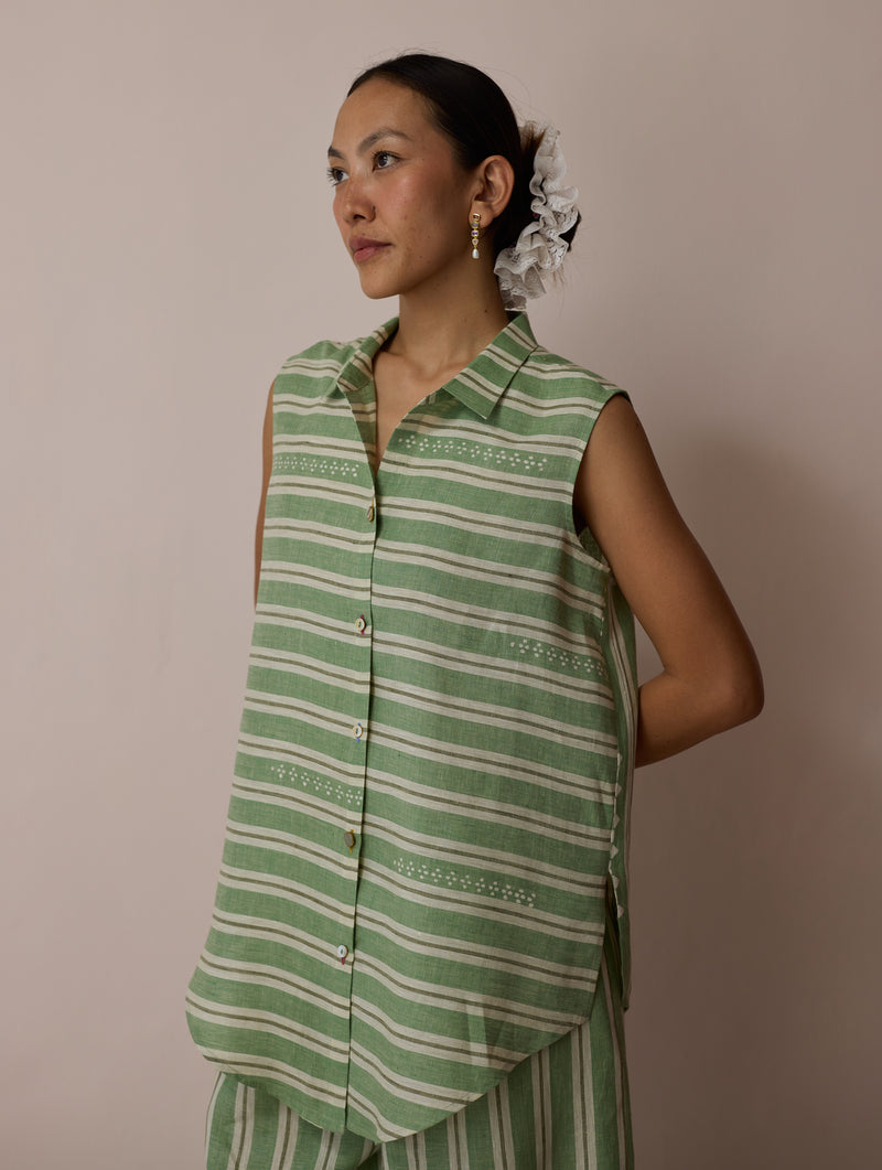 Ello Sleeveless Block-Printed Linen Shirt-Fern linen top/shirt by Manan in green for women Worldwide