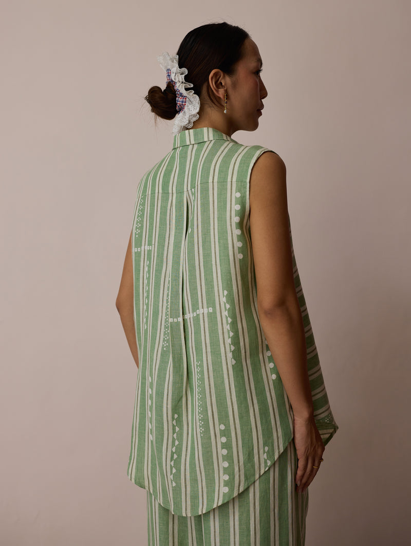 Ello Block-Printed Linen Co-ord-Fern linen co-ord set by Manan in green for women Worldwide