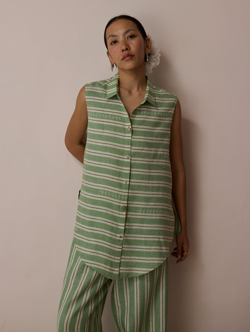Ello Sleeveless Block-Printed Linen Shirt-Fern linen top/shirt by Manan in green for women Worldwide
