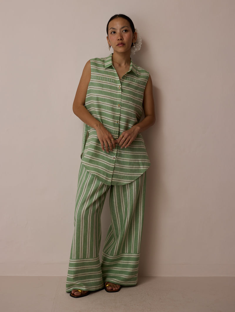 Ello Block-Printed Linen Co-ord-Fern linen co-ord set by Manan in green for women Worldwide