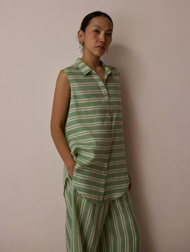 Ello Block-Printed Linen Co-ord-Fern linen co-ord set by Manan in green for women Worldwide