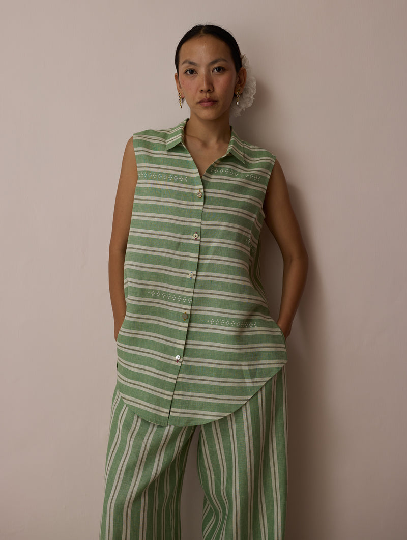 Ello Sleeveless Block-Printed Linen Shirt-Fern linen top/shirt by Manan in green for women Worldwide