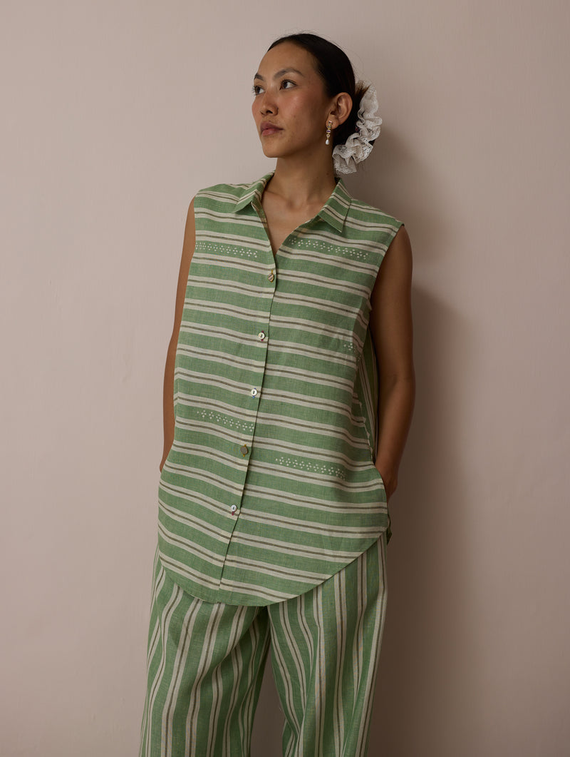 Ello Sleeveless Block-Printed Linen Shirt-Fern linen top/shirt by Manan in green for women Worldwide