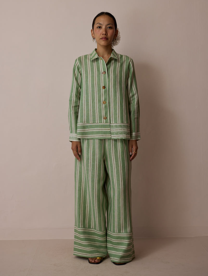 Erra Block-Printed Linen Co-ord-Fern linen co-ord set by Manan in green for women Worldwide