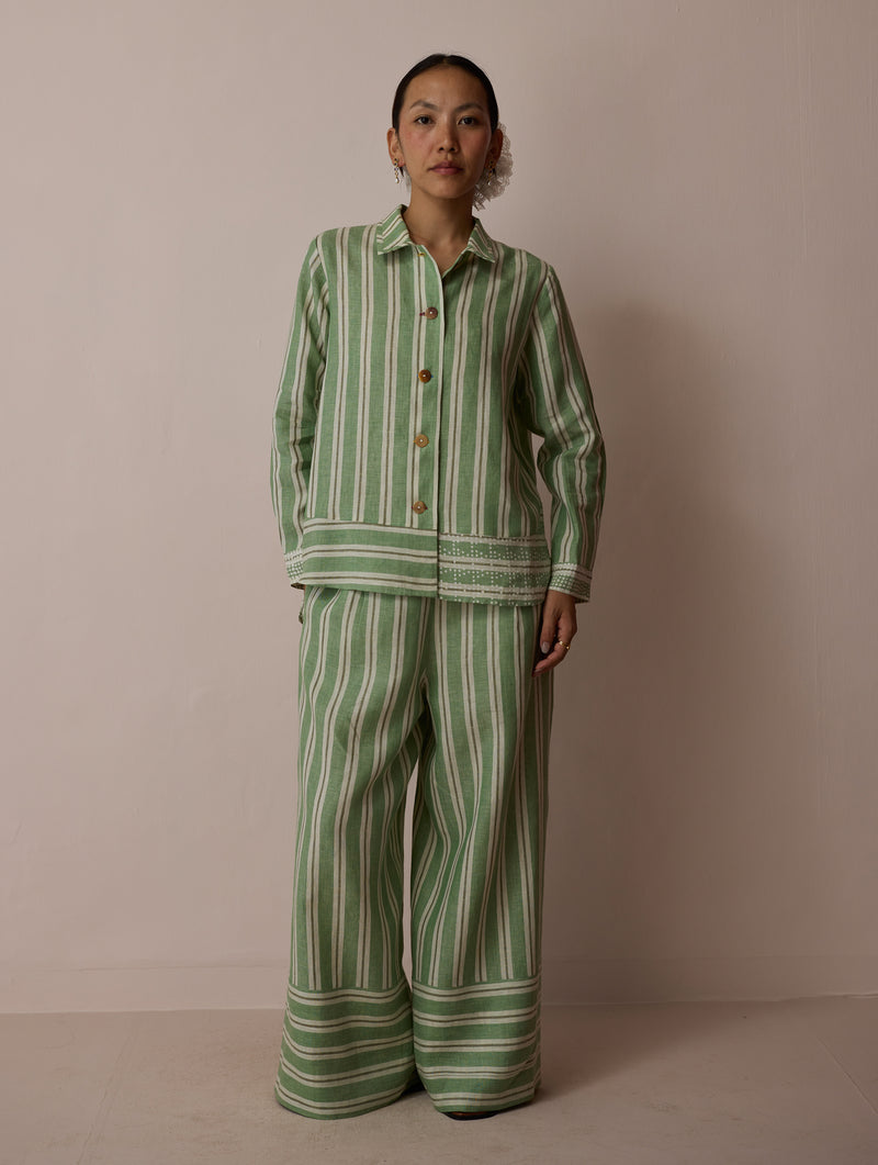 Erra Block-Printed Stripe Linen Shirt-Fern linen top/shirt by Manan in green for women Worldwide