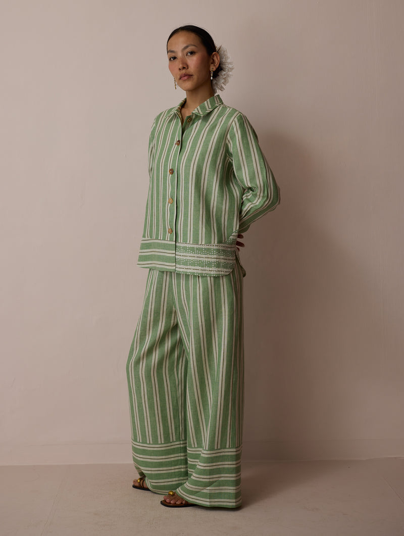 Erra Block-Printed Linen Co-ord-Fern linen co-ord set by Manan in green for women Worldwide