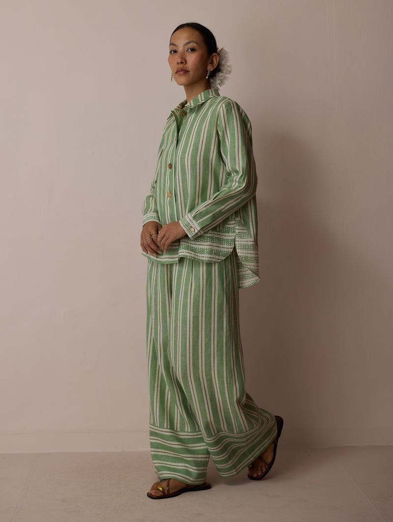 Erra Block-Printed Linen Co-ord-Fern linen co-ord set by Manan in green for women Worldwide