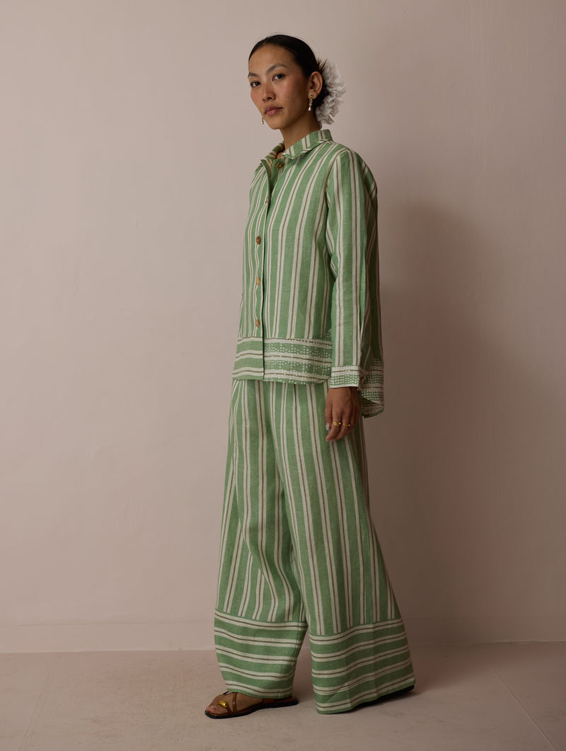 Erra Block-Printed Linen Co-ord-Fern linen co-ord set by Manan in green for women Worldwide