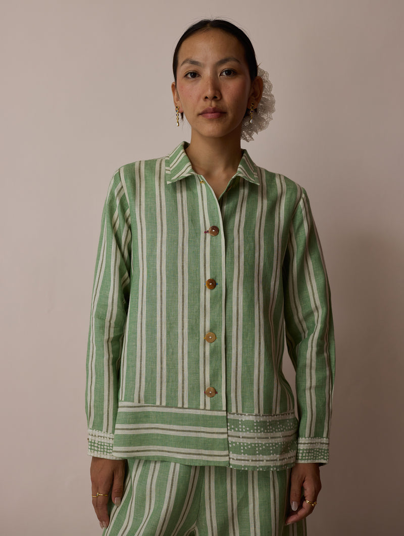 Erra Block-Printed Stripe Linen Shirt-Fern linen top/shirt by Manan in green for women Worldwide
