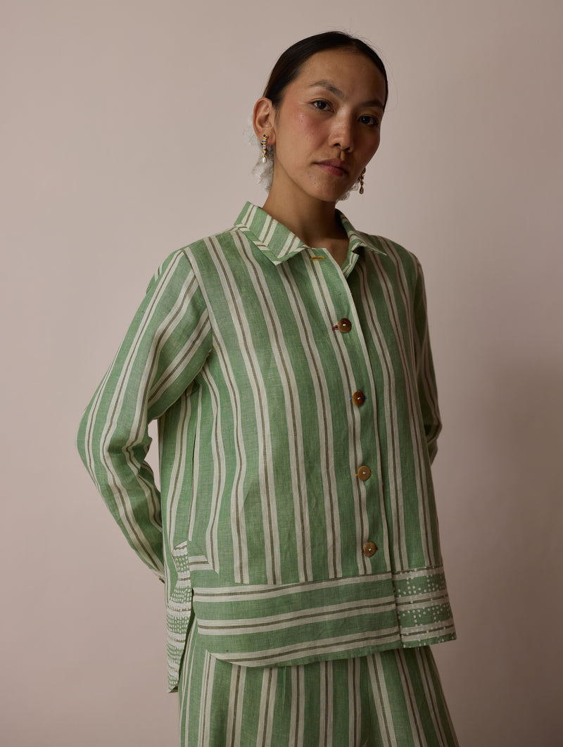 Erra Block-Printed Stripe Linen Shirt-Fern linen top/shirt by Manan in green for women Worldwide