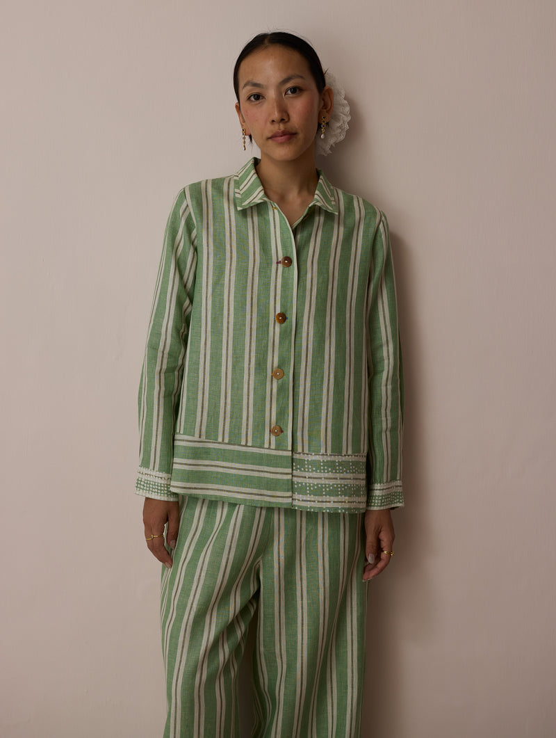 Erra Block-Printed Linen Co-ord-Fern linen co-ord set by Manan in green for women Worldwide