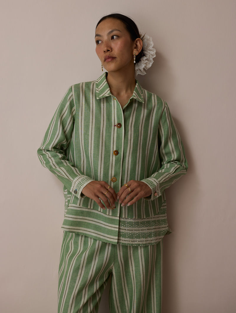 Erra Block-Printed Stripe Linen Shirt-Fern linen top/shirt by Manan in green for women Worldwide