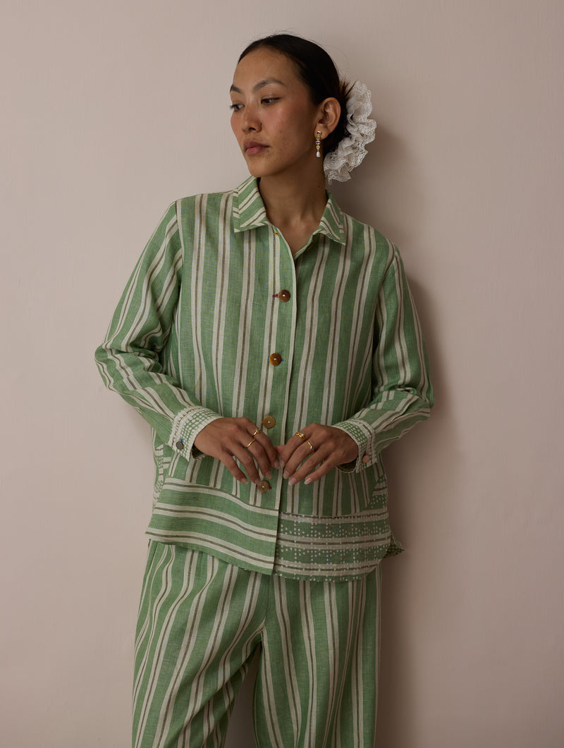 Erra Block-Printed Stripe Linen Shirt-Fern linen top/shirt by Manan in green for women Worldwide