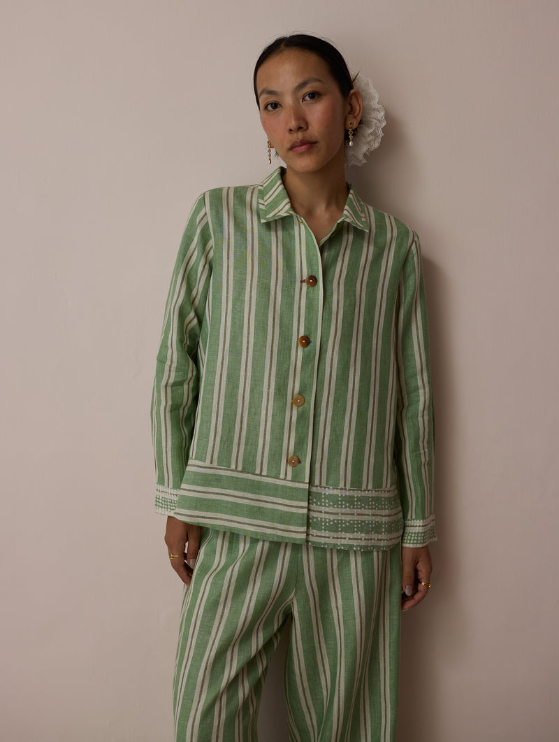 Erra Block-Printed Stripe Linen Shirt-Fern linen top/shirt by Manan in green for women Worldwide
